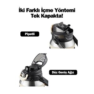 Tkk Yeni Koleksiyon Mega Boy 1500ml Pipetli/pipetsiz Kullanım Askılı Paslanmaz Çelik Termos Matara Bej