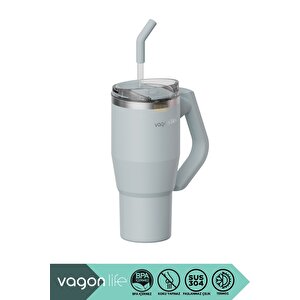 Tumbler 950ml Yeni Koleksiyon Pipetli/pipetsiz Kullanım Fonksiyonel Kulplu Paslanmaz Çelik Termos Açık Mavi