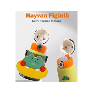 Cocosmile 470ml Sevimli Hayvanlar Kılıflı Pipetli Askılı Çelik Termos Çocuk Matarası Kaplan