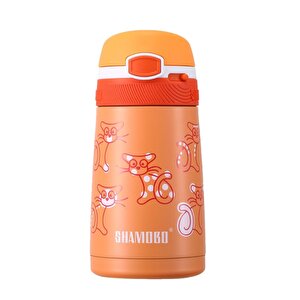 Shamobo Yeni Koleksiyon 350ml Pipetli Kilitlebilir Kapaklı Kaliteli Paslanmaz Çelik Çocuk Termosu 6 Saat Sıcak/soğuk - Turuncu Kedi