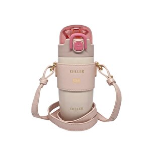 Diller 360ml Moda Deri Kılıflı Pipetli Askılı Pastel Renkli Paslanmaz Çelik Termos Matara Pembe