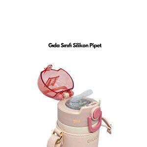 Diller 360ml Moda Deri Kılıflı Pipetli Askılı Pastel Renkli Paslanmaz Çelik Termos Matara Pembe