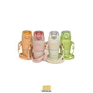 Vagonlife Diller 360ml Moda Deri Kılıflı Pipetli Askılı Pastel Renkli Paslanmaz Çelik Termos Matara Pembe