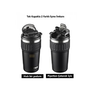 Vagonlife Tkk Yeni Koleksiyon 630ml Pipetli / Pipetsiz Kullanım Askılı Paslanmaz Çelik Termos Kahve Mug Matara Mat Siyah