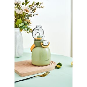 Rovco 1000ml Çelik Termos Çift Kullanım Pipetli/ Rahat Içim Askılı Sticker Hediyeli 6 Saat Sıcak-soğuk Yalıtım Yeşil