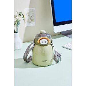 Rovco 1000ml Çelik Termos Çift Kullanım Pipetli/ Rahat Içim Askılı Sticker Hediyeli 6 Saat Sıcak-soğuk Yalıtım Yeşil