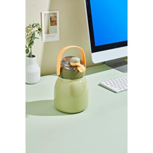 Rovco 1000ml Çelik Termos Çift Kullanım Pipetli/ Rahat Içim Askılı Sticker Hediyeli 6 Saat Sıcak-soğuk Yalıtım Yeşil