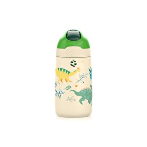 350ml Pipetli Desenli Kulplu 6 Saat Sıcak 12 Saat Soğuk Çelik Termos Matarası Sarı Dinozor