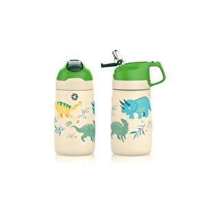 350ml Pipetli Desenli Kulplu 6 Saat Sıcak 12 Saat Soğuk Çelik Termos Matarası Sarı Dinozor