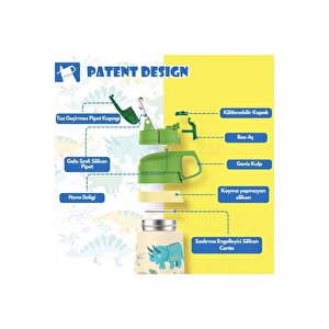 350ml Pipetli Desenli Kulplu 6 Saat Sıcak 12 Saat Soğuk Çelik Termos Matarası Sarı Dinozor