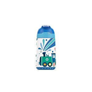350ml Pipetli Desenli Kulplu 6 Saat Sıcak 12 Saat Soğuk Çelik Termos Matarası Mavi Tren