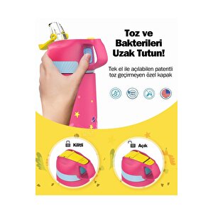 350ml Pipetli Desenli Kulplu 6 Saat Sıcak 12 Saat Soğuk Çelik Termos Matarası Mavi Tren