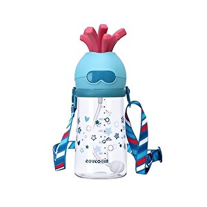 Rovco 320ml Pipetli Eğlenceli Desenli Akıllı Pipet Toplu Askılı Tritan Su Matarası Turkuaz