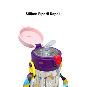 Rovco 330ml Pipetli Ve Rahat Içim 3 Kapaklı Akıllı Pipet Toplu Askılı Özel Kutulu Tritan Su Matarası Mor