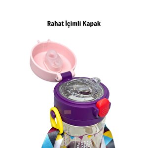 Rovco 330ml Pipetli Ve Rahat Içim 3 Kapaklı Akıllı Pipet Toplu Askılı Özel Kutulu Tritan Su Matarası Mor