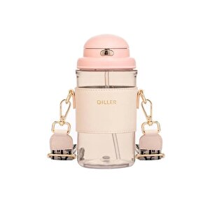 Diller 650ml Moda Deri Kılıflı Pipetli Tritan Su Matarası Pembe