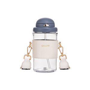 Diller 650ml Moda Deri Kılıflı Pipetli Tritan Su Matarası Lacivert-beyaz