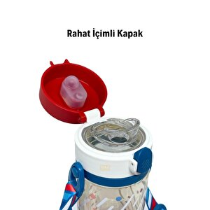 Rovco 330ml Pipetli Ve Rahat Içim 3 Kapaklı Akıllı Pipet Toplu Askılı Özel Kutulu Tritan Su Matarası Lacivert