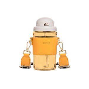 Diller 650ml Moda Deri Kılıflı Pipetli Tritan Su Matarası Turuncu-beyaz