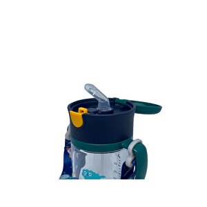 Rovco 300ml Askılı Pipetli Hayvan Desenli Akıllı Pipet Toplu Tritan Su Matarası Koyu Yeşil-lacivert