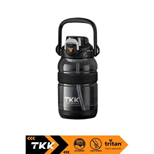 Tkk 1200ml Büyük Boy Yeni Koleksiyon Pipetli/pipetsiz Kullanım Boyun Askılı Kulplu Tritan Su Matara Siyah
