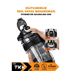 Vagonlife Tkk 1200ml Büyük Boy Yeni Koleksiyon Pipetli/pipetsiz Kullanım Boyun Askılı Kulplu Tritan Su Matara Siyah