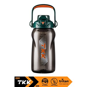Tkk 1500ml Büyük Boy Yeni Koleksiyon Pipetli/pipetsiz Kullanım Boyun Askılı Kulplu Tritan Su Matara Yeşil-turuncu
