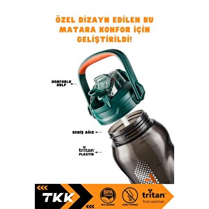 Tkk 1500ml Büyük Boy Yeni Koleksiyon Pipetli/pipetsiz Kullanım Boyun Askılı Kulplu Tritan Su Matara Yeşil-turuncu