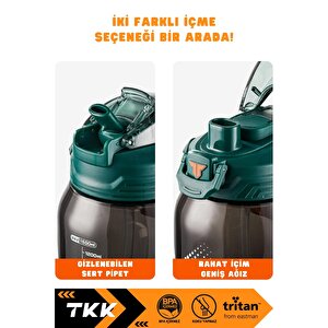 Vagonlife Tkk 1500ml Büyük Boy Yeni Koleksiyon Pipetli/pipetsiz Kullanım Boyun Askılı Kulplu Tritan Su Matara Yeşil-turuncu