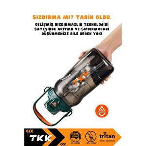 Vagonlife Tkk 1500ml Büyük Boy Yeni Koleksiyon Pipetli/pipetsiz Kullanım Boyun Askılı Kulplu Tritan Su Matara Yeşil-turuncu