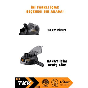 Tkk 2000ml Mega Boy Yeni Koleksiyon Pipetli/pipetsiz Kullanım Boyun Askılı Kulplu Tritan Su Matarası Siyah