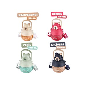 Tkk 1000ml Pipetli/pipetsiz Kullanıma Uygun Askı Kayışlı Bear Desen Tritan Su Matarası Lacivert