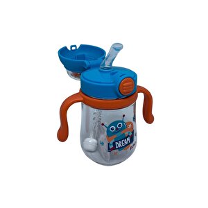 Rovco 260ml Pipetli Sevimli Arkadaşlar Desenli Çıngıraklı Akıllı Pipet Toplu Tritan Su Matarası Turkuaz-turuncu