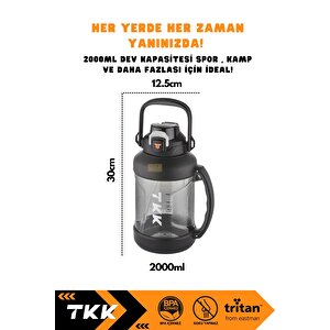 Vagonlife Tkk 2000ml Mega Boy Yeni Koleksiyon Pipetli/pipetsiz Kullanım Boyun Askılı Kulplu Tritan Su Matarası Beyaz