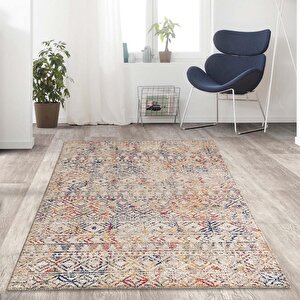 İskandinav Eskitme Kilim Desenli Bej Krem Halı Kaymaz Taban Makinada Yıkanabilir 120x180 cm