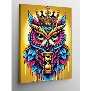 Kanvas Tablo Taçlı Baykuş Ve Saat 50x70 cm