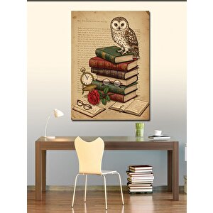 Kanvas Tablo Baykuş, Kitap Ve Antik Saat 50x70 cm