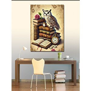 Kanvas Tablo Kitaplar Üzerinde Baykuş Ve Saat 70x100 cm