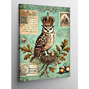 Kanvas Tablo Taçlı Baykuş Ve Vintage Harita 70x100 cm