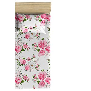%100 Pamuklu Çiçekli Lamus 90x190+50x70 Tek Kişilik Lastikli Çarşaf Takımı