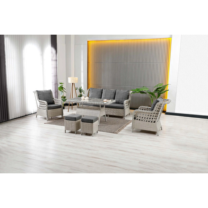 Vilza, 3+1+1 Rattan Bahçe Mobilyası, Beyaz Beyaz