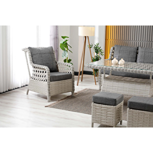 Vilza, 3+1+1 Rattan Bahçe Mobilyası, Beyaz Beyaz