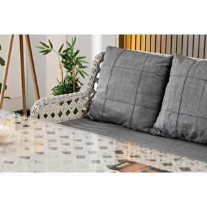 Vilza, 3+1+1 Rattan Bahçe Mobilyası, Beyaz Beyaz