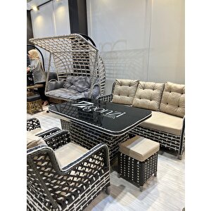 Zi̇gonzi̇ 3+1+1+masali+2 Puflu Rattan Bahçe Mobilyası Mat Siyah