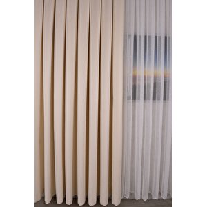 Ekru Düz Ada Fon Perde V-12489 Büzgülü Pilesiz Tek Kanat 250x240 cm