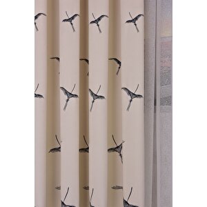 Anka Kuşu Nakışlı Ekru Fon Perde Tek Kanat 1x3 Sık Pile 320x240 cm