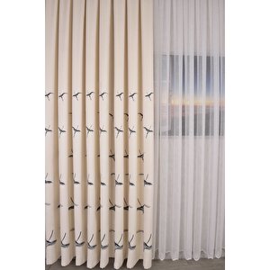 Anka Kuşu Nakışlı Ekru Fon Perde Tek Kanat 1x3 Sık Pile 250x240 cm