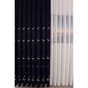 Anka Kuşu Nakışlı Lacivert Fon Perde Tek Kanat 1x3 Sık Pile 130x240 cm