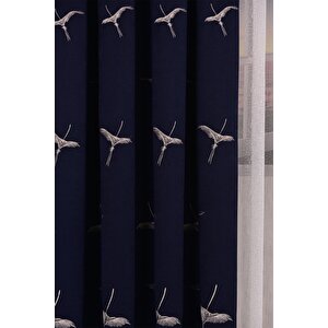 Anka Kuşu Nakışlı Lacivert Fon Perde Tek Kanat 1x3 Sık Pile 130x240 cm