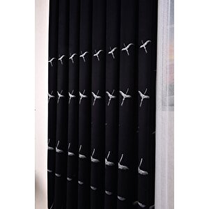 Anka Kuşu Nakışlı Siyah Fon Perde Tek Kanat 1x3 Sık Pile 270x240 cm